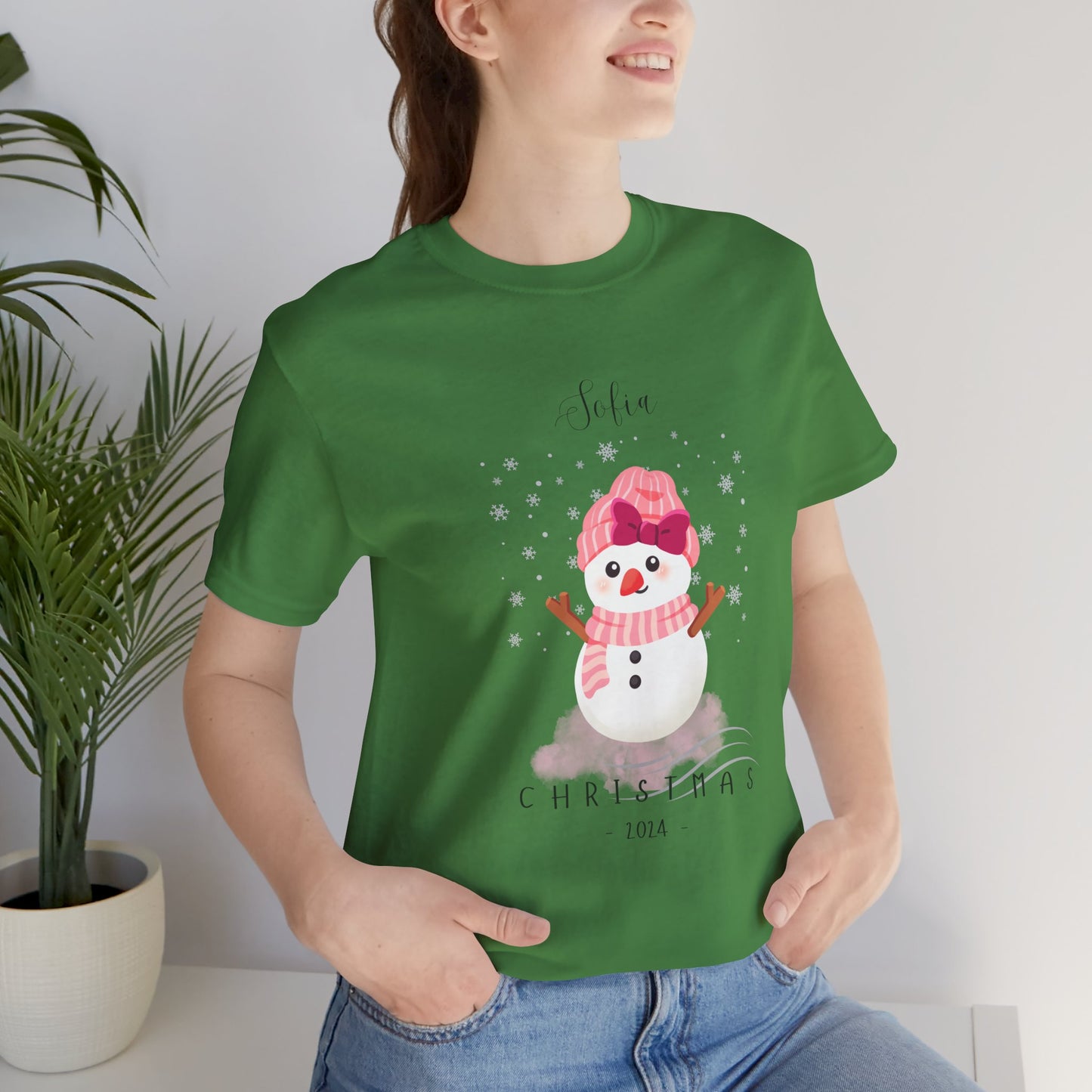 Custom Name Pink Snowwoman Christmas 2024 Design, Personalized Name for Christmas Family Shirt