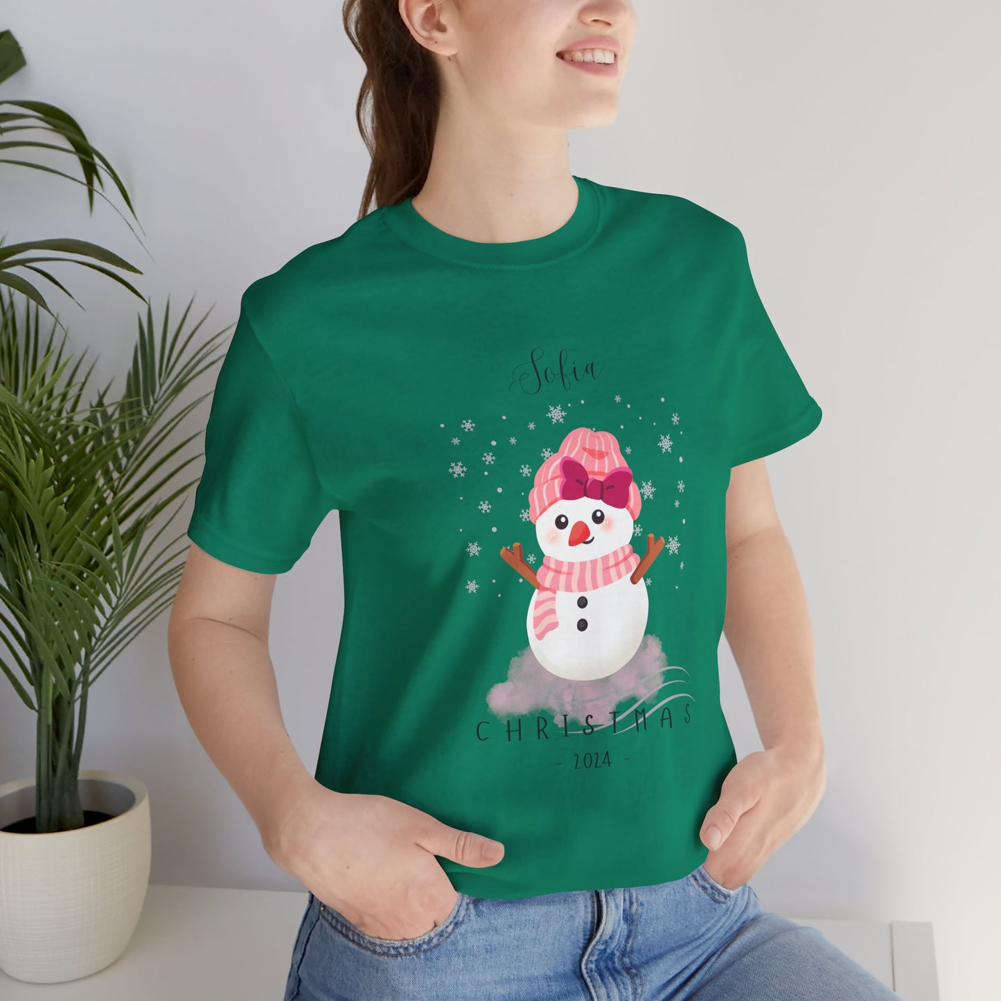Custom Name Pink Snowwoman Christmas 2024 Design, Personalized Name for Christmas Family Shirt