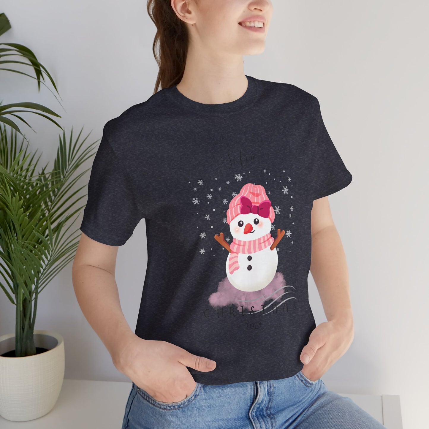 Custom Name Pink Snowwoman Christmas 2024 Design, Personalized Name for Christmas Family Shirt