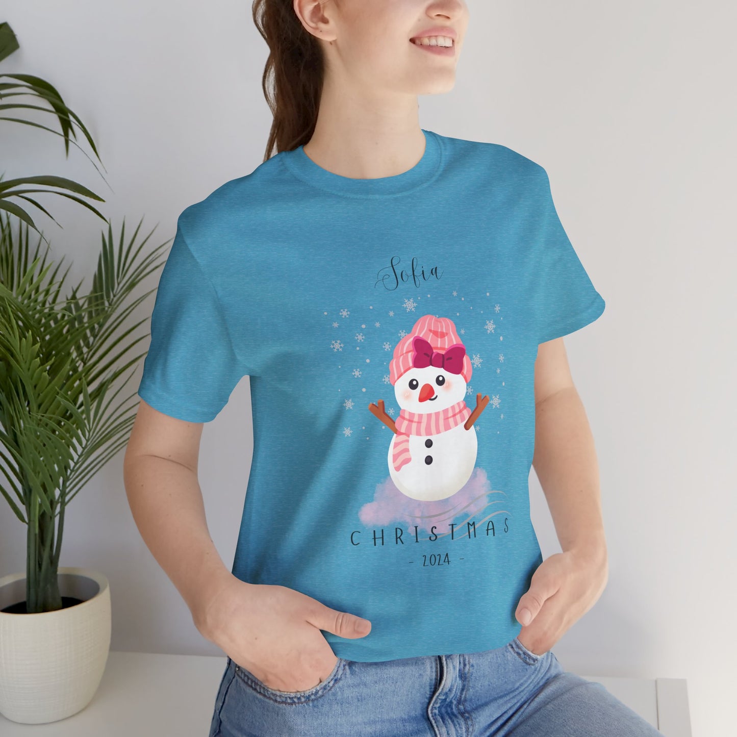 Custom Name Pink Snowwoman Christmas 2024 Design, Personalized Name for Christmas Family Shirt