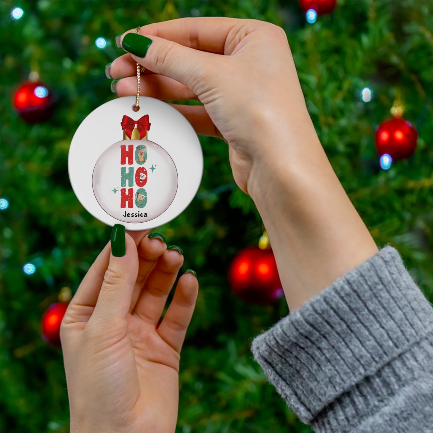 Ceramic Ornament - HO HO HO Christmas Ball Christmas 2024 with Custom Name