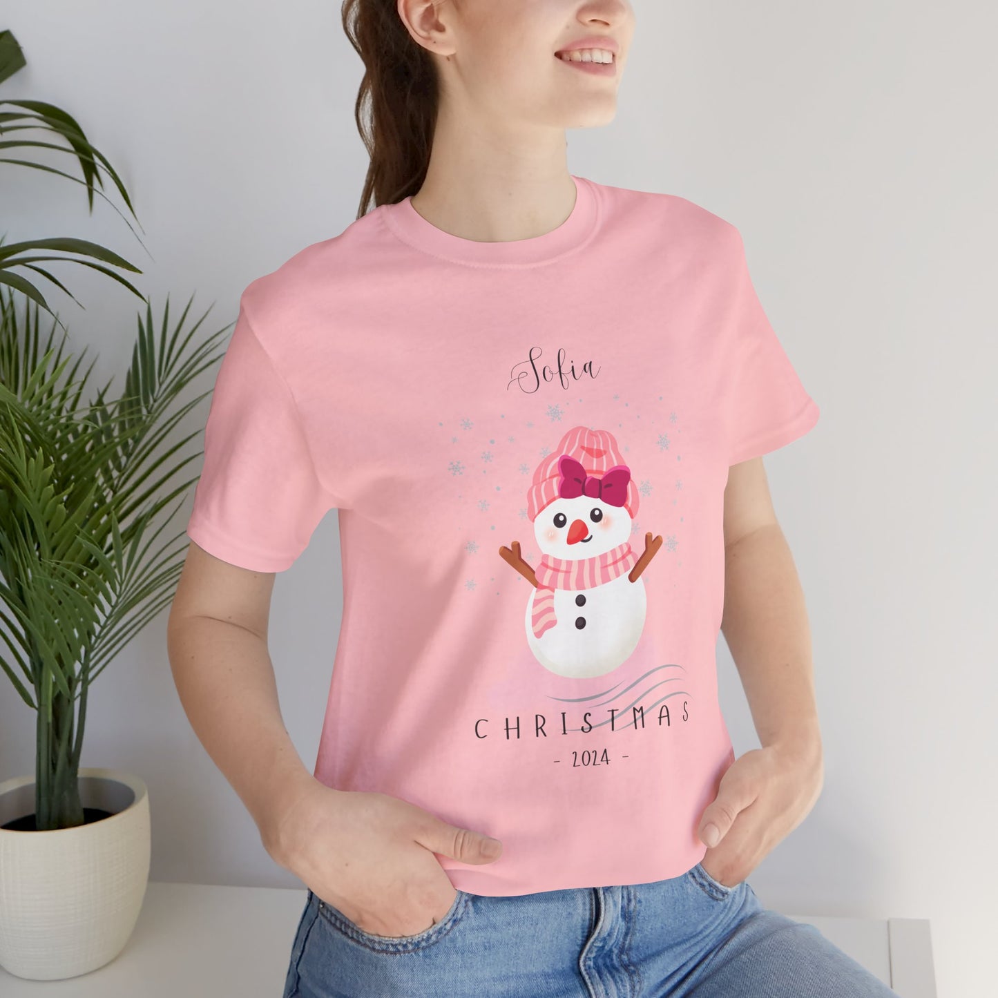 Custom Name Pink Snowwoman Christmas 2024 Design, Personalized Name for Christmas Family Shirt