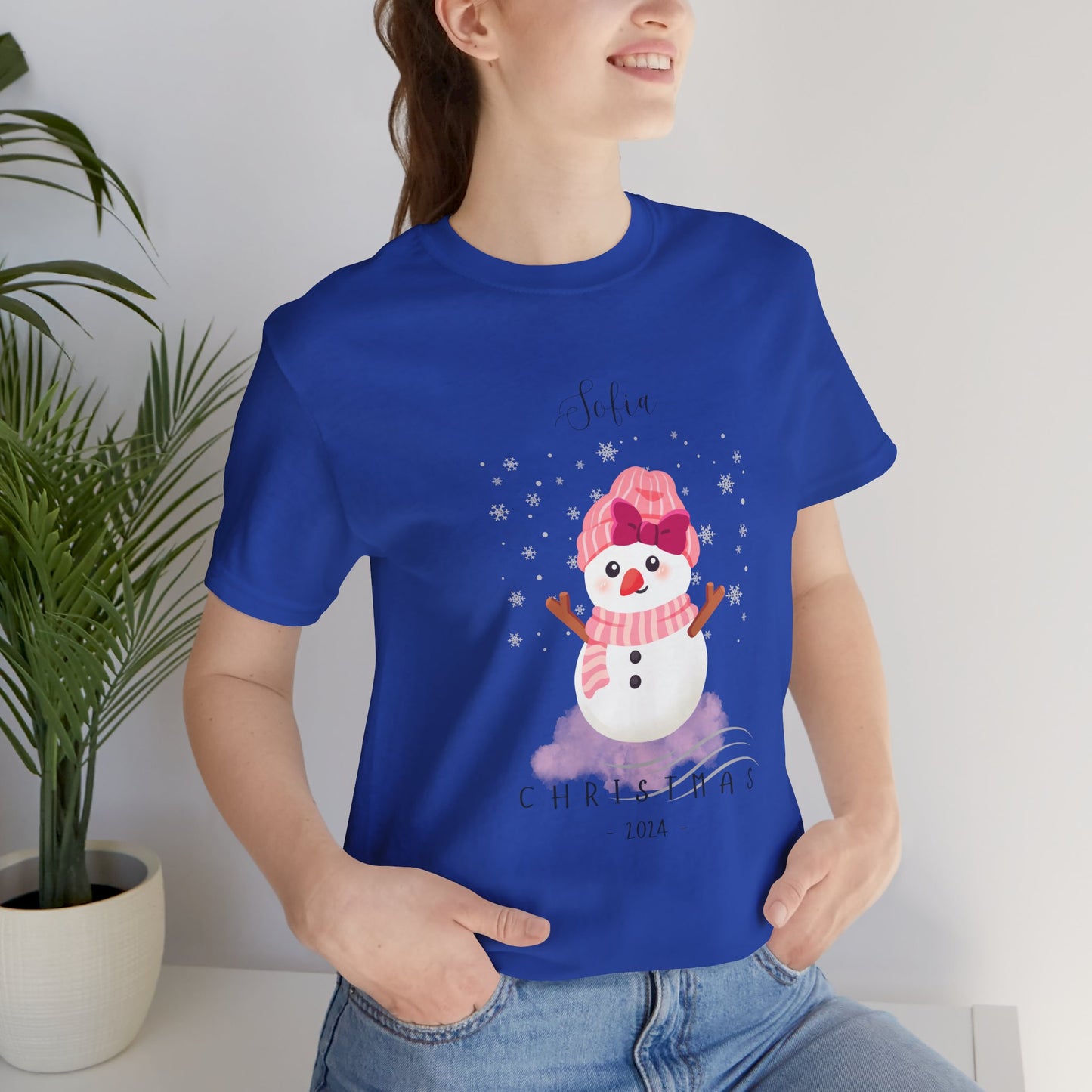 Custom Name Pink Snowwoman Christmas 2024 Design, Personalized Name for Christmas Family Shirt