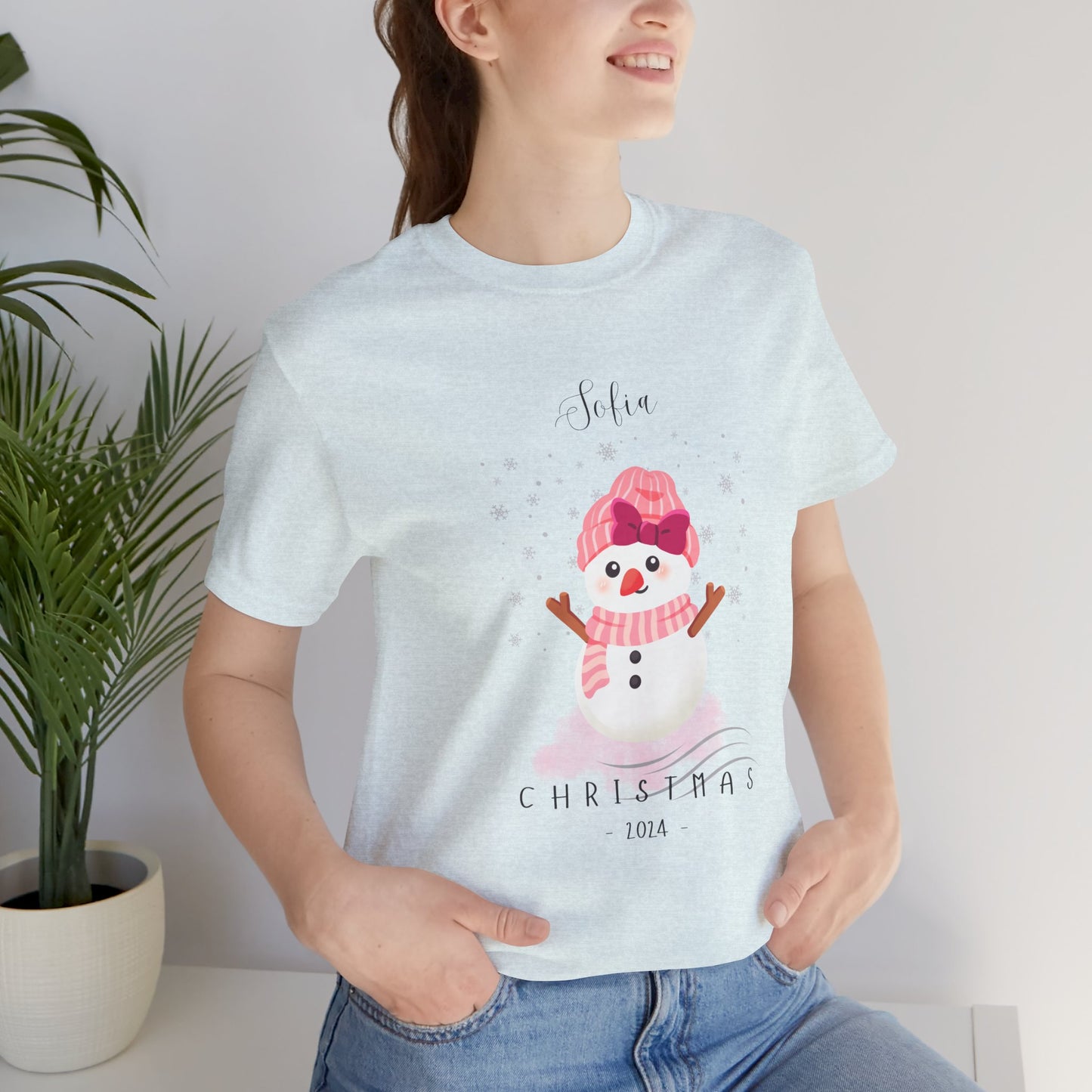 Custom Name Pink Snowwoman Christmas 2024 Design, Personalized Name for Christmas Family Shirt