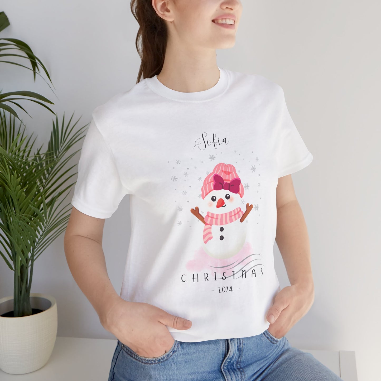 Custom Name Pink Snowwoman Christmas 2024 Design, Personalized Name for Christmas Family Shirt