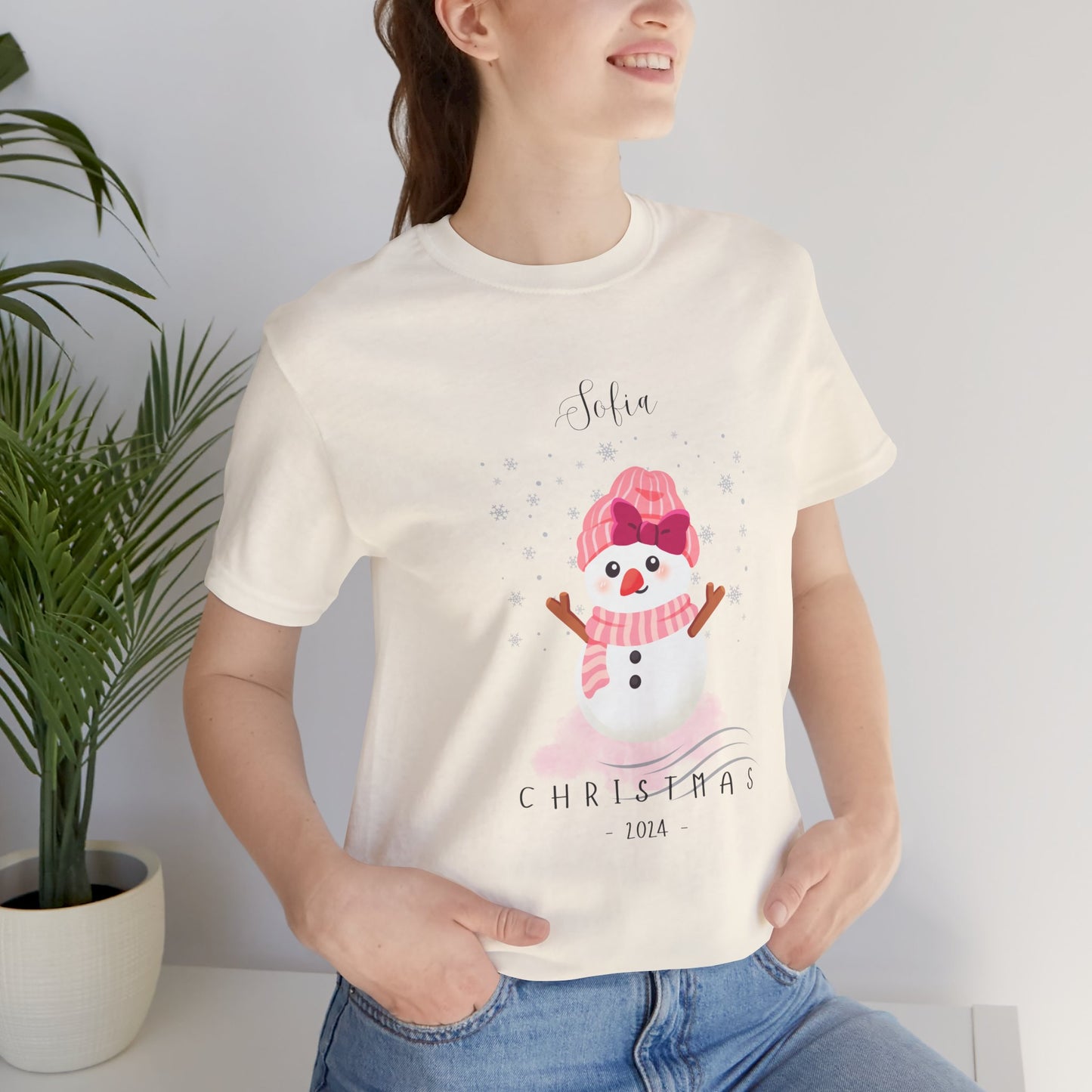 Custom Name Pink Snowwoman Christmas 2024 Design, Personalized Name for Christmas Family Shirt