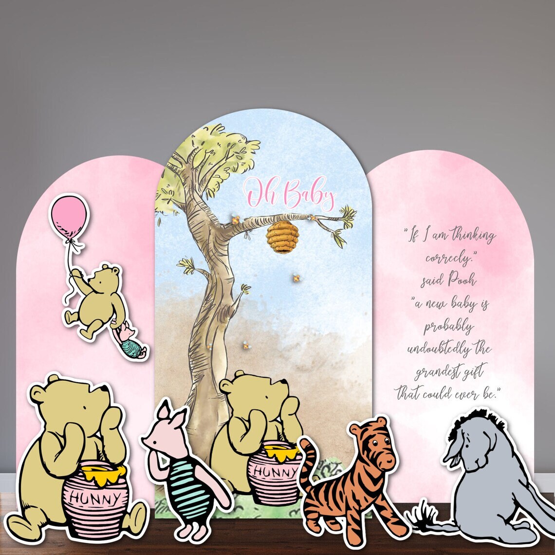Set of 5 Pink Classic Winnie The Pooh Foam Board Cut Outs and 3 Foam Board Backdrops, Classic Winnie The Pooh Baby Shower Foam Board Props