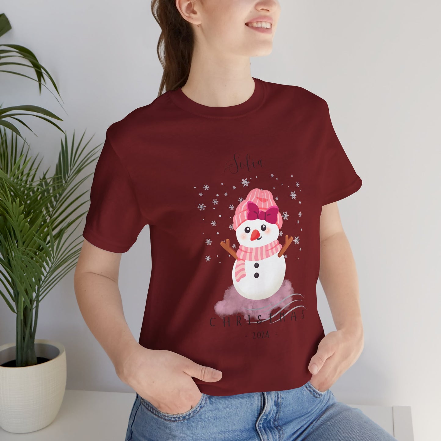 Custom Name Pink Snowwoman Christmas 2024 Design, Personalized Name for Christmas Family Shirt