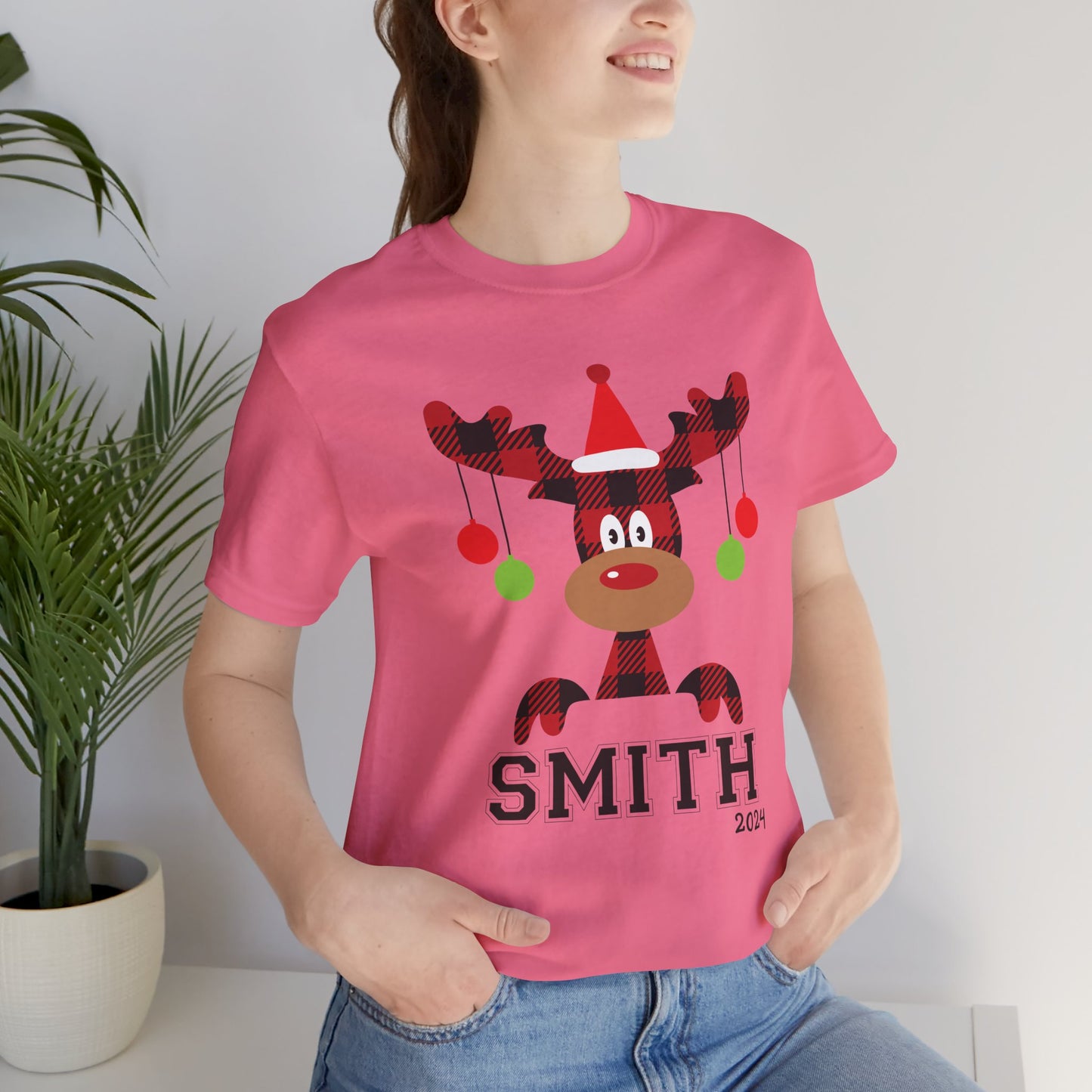 Cute Red Nose Reindeer Christmas 2024 Customized Family name Design, Personalized Name for Christmas Family Shirt