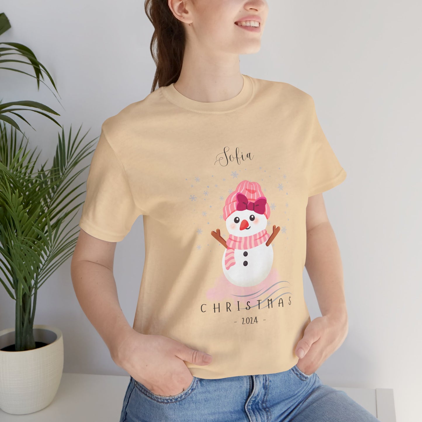 Custom Name Pink Snowwoman Christmas 2024 Design, Personalized Name for Christmas Family Shirt