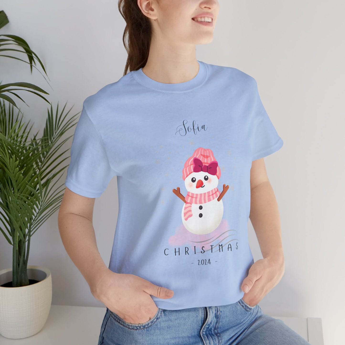 Custom Name Pink Snowwoman Christmas 2024 Design, Personalized Name for Christmas Family Shirt