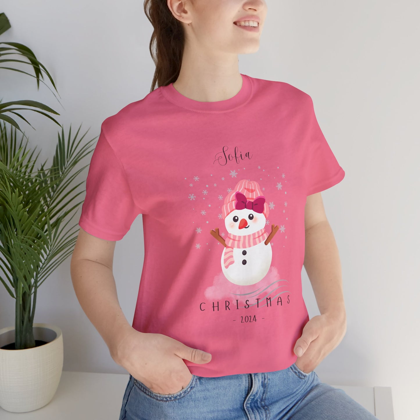 Custom Name Pink Snowwoman Christmas 2024 Design, Personalized Name for Christmas Family Shirt