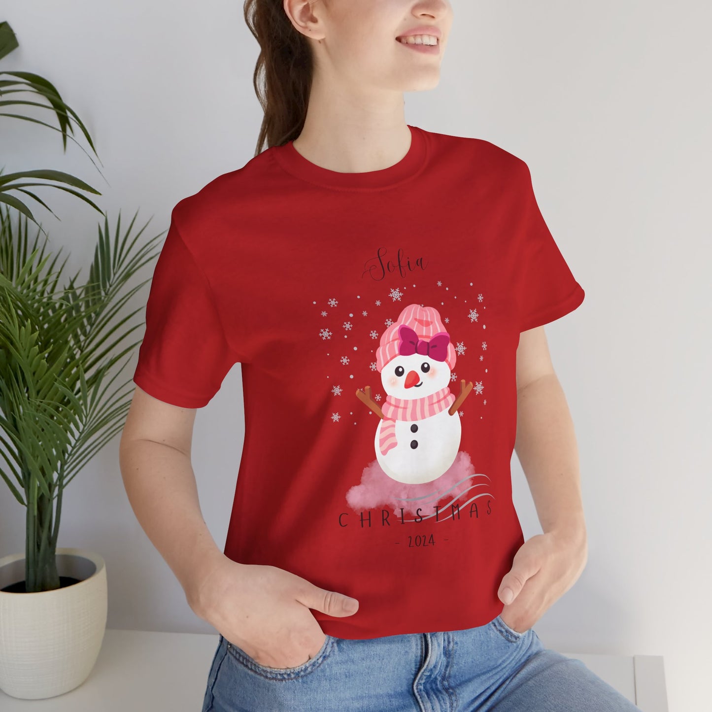 Custom Name Pink Snowwoman Christmas 2024 Design, Personalized Name for Christmas Family Shirt