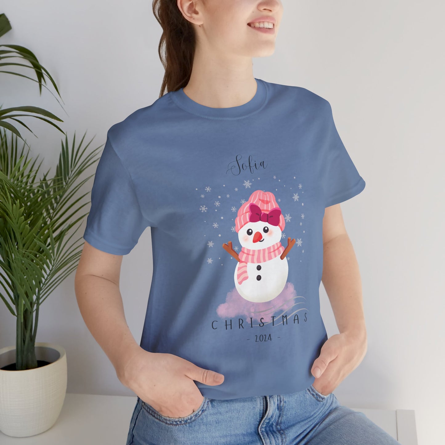 Custom Name Pink Snowwoman Christmas 2024 Design, Personalized Name for Christmas Family Shirt