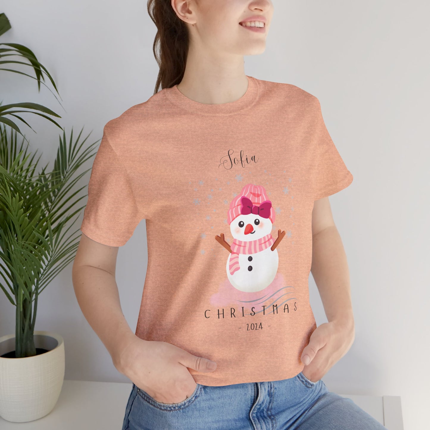 Custom Name Pink Snowwoman Christmas 2024 Design, Personalized Name for Christmas Family Shirt