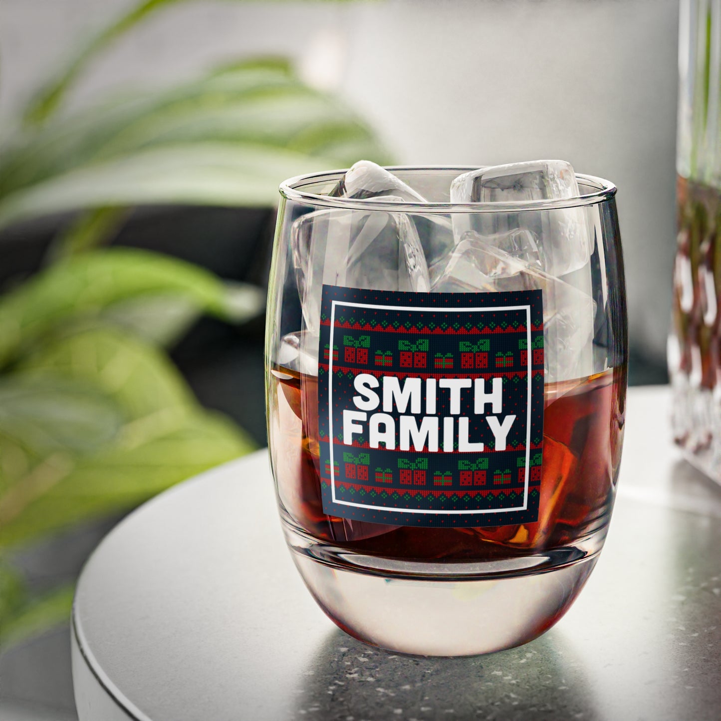 Whiskey Glass - Christmas Plaid Personalized Family Name Stemless Glass