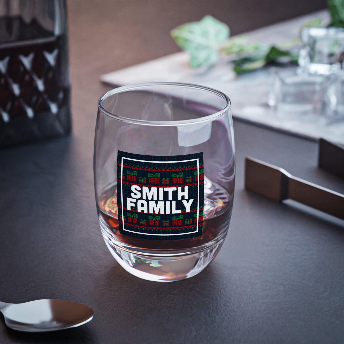 Whiskey Glass - Christmas Plaid Personalized Family Name Stemless Glass