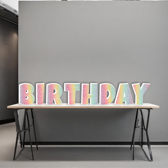 PASTEL GLITTER RAINBOW HAPPY BIRTHDAY - LUCKIEST GUY FONT FOAM BOARD