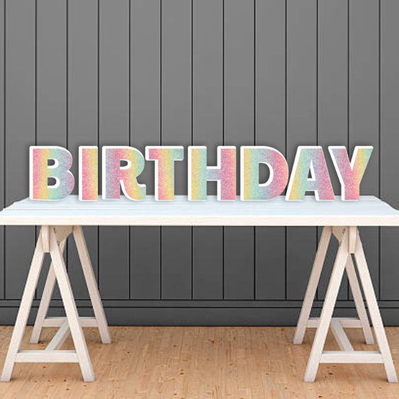 PASTEL GLITTER RAINBOW HAPPY BIRTHDAY - PAYTON FONT FOAM BOARD