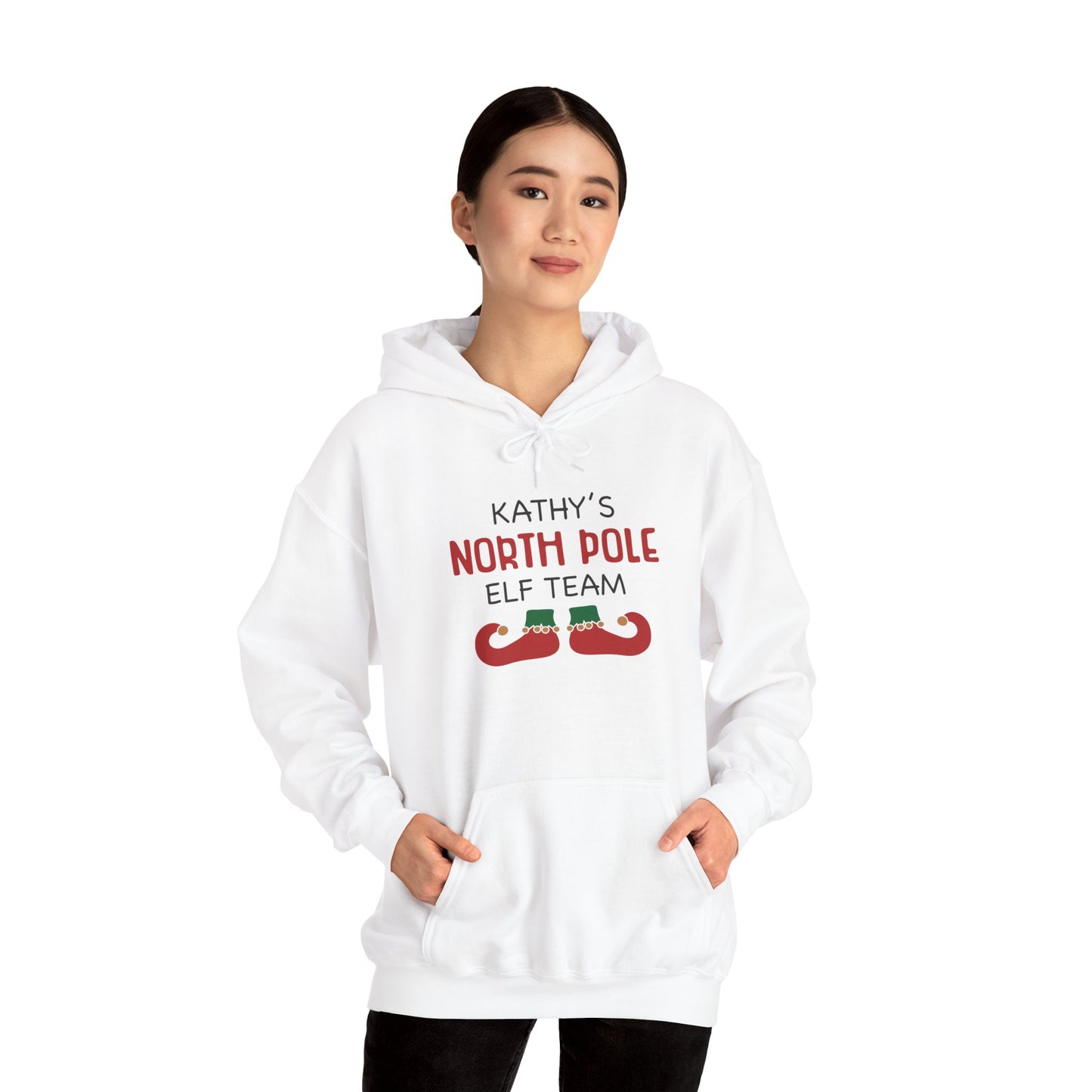 Unisex Heavy Blend Hooded Sweatshirt Christmas Design 2024 - North Pole Elf Team with Custom Name