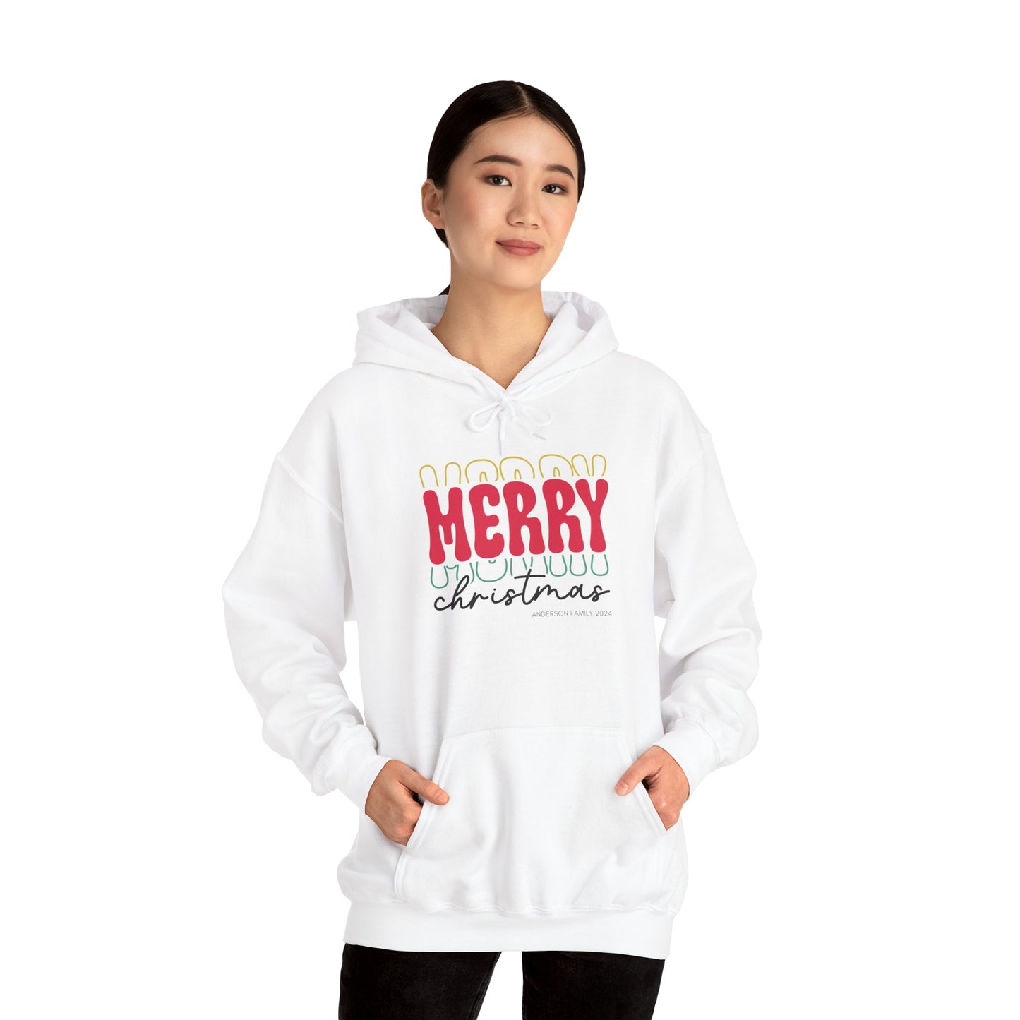 Unisex Heavy Blend Hooded Sweatshirt MERRY MERRY MERRY Christmas 2024 with Custom Name