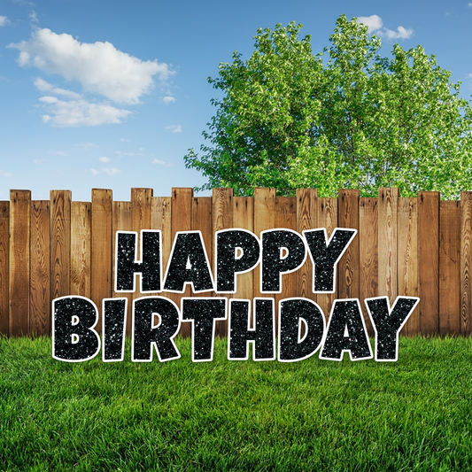 BLACK GLITTER HAPPY BIRTHDAY - LUCKIEST GUY FONT CORRUGATED