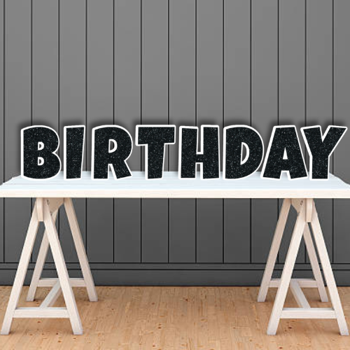 BLACK GLITTER HAPPY BIRTHDAY - LUCKIEST GUY FONT FOAM BOARD