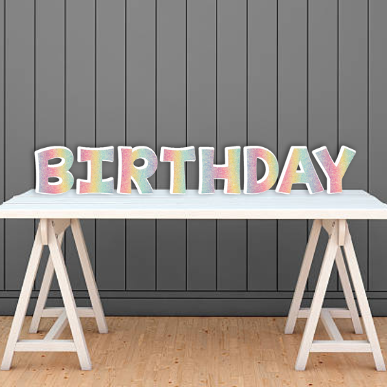 PASTEL GLITTER RAINBOW HAPPY BIRTHDAY - KG FONT   FOAM BOARD